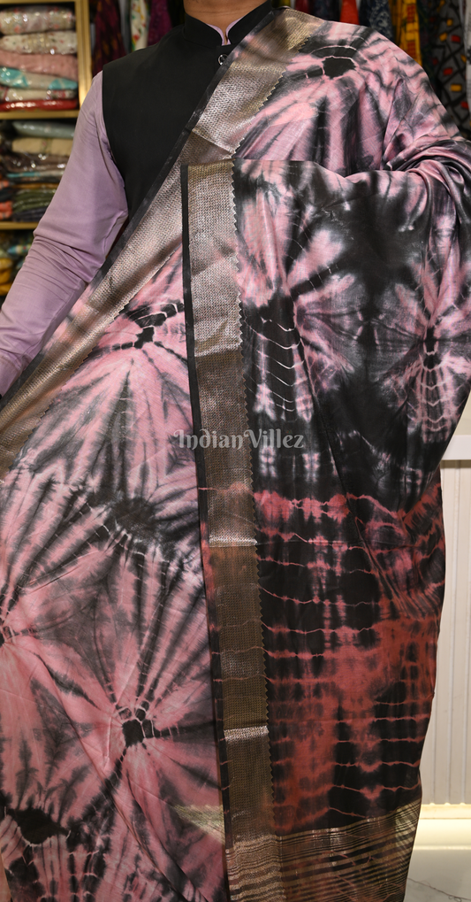 Light Pink Maroon Block Printed Shibori Cotton Saree