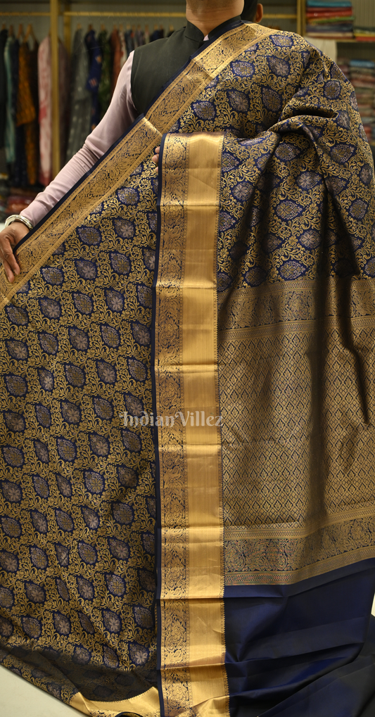 Exclusive Navy Blue Golden Paisely Brocade Pure Kanjivaram Silk Saree