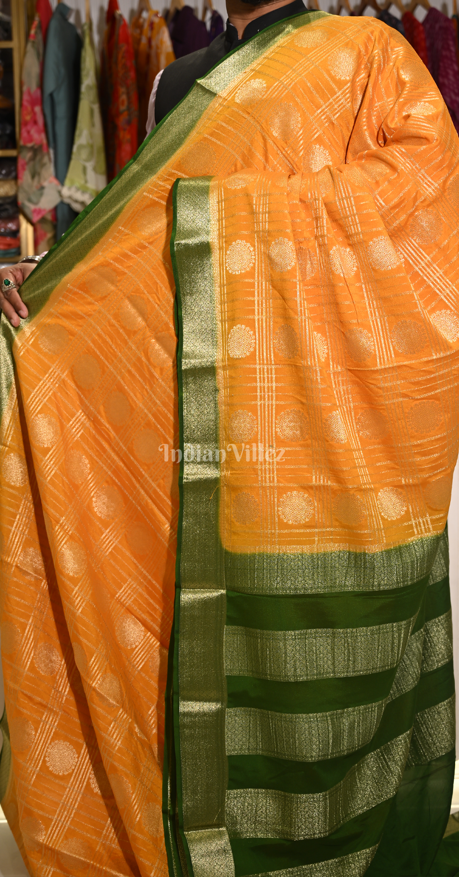 Mustard Yellow Green Checks Buta Pure Crepe Kanjivaram Silk Saree