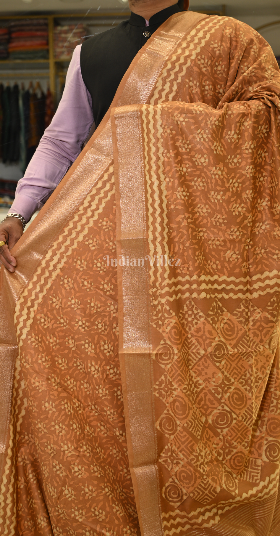 Mustard Yellow Block Printed Dabu Cotton Saree