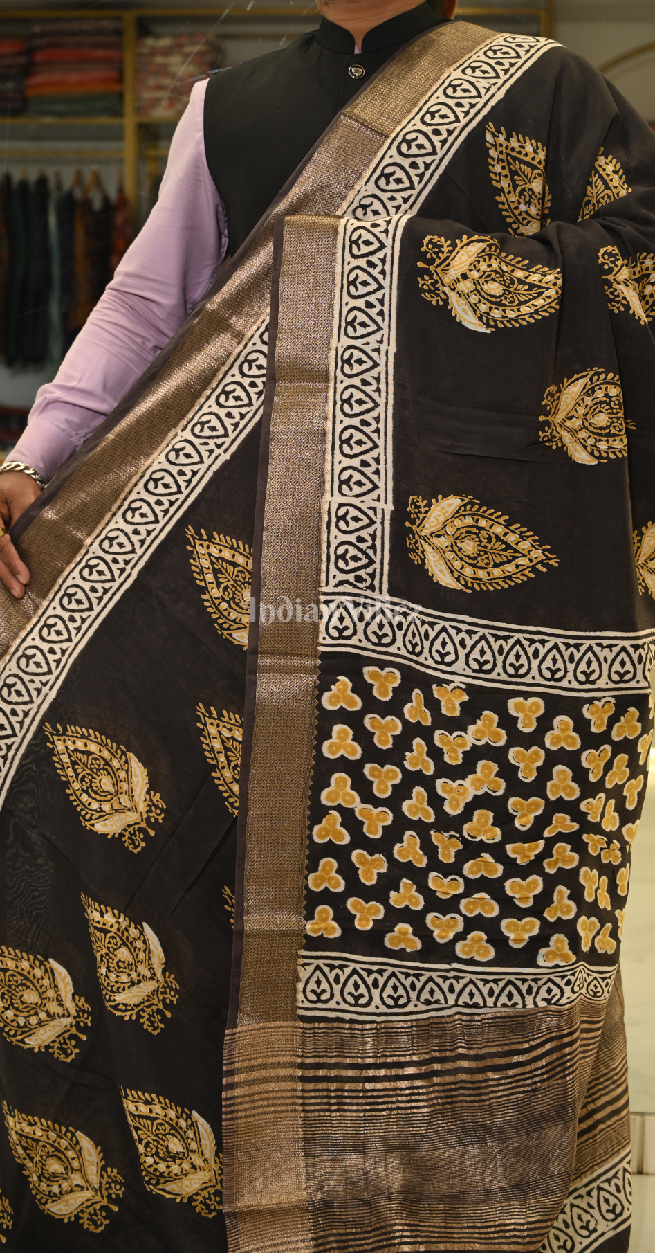 Black Yellow Block Printed Dabu Cotton Saree