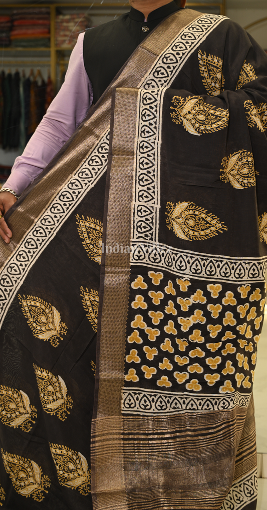 Black Yellow Block Printed Dabu Cotton Saree
