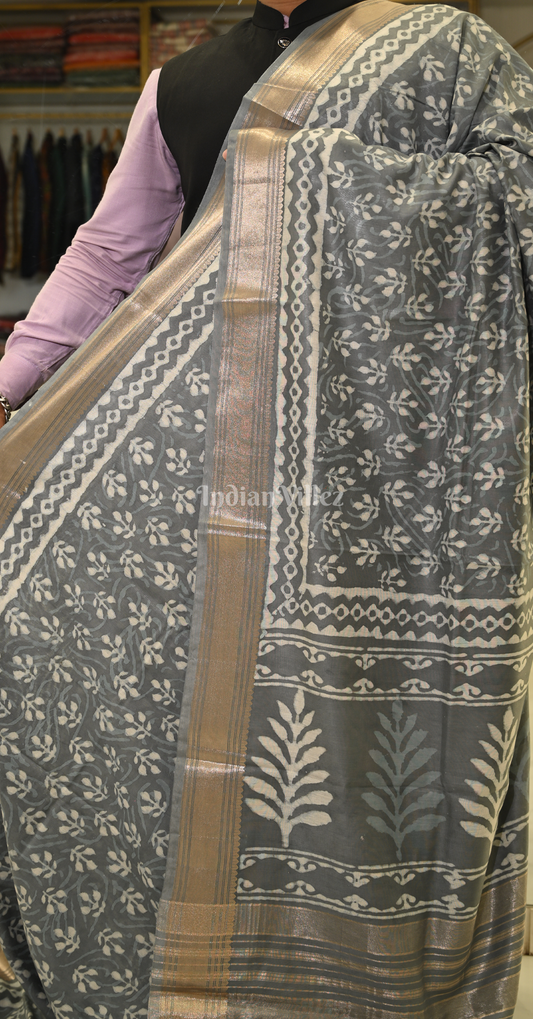 Grey Block Printed Dabu Cotton Saree