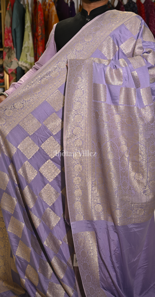 Lavendar Golden Checks Pure Crepe Kanjivaram Silk Saree