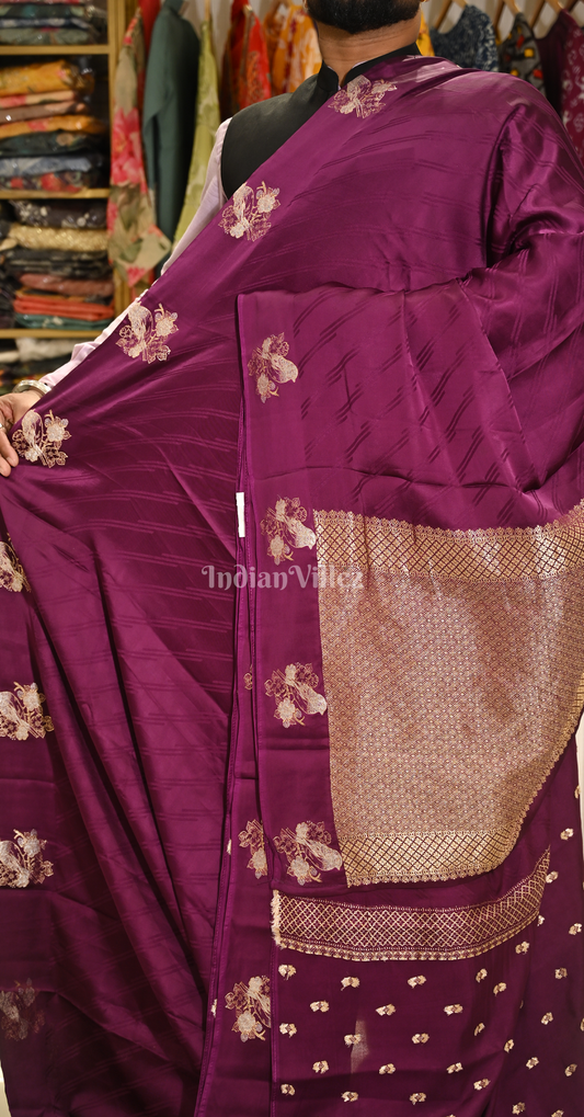 Purple Wine Bird Motif Pure Satin Crepe Silk Banarasi Saree
