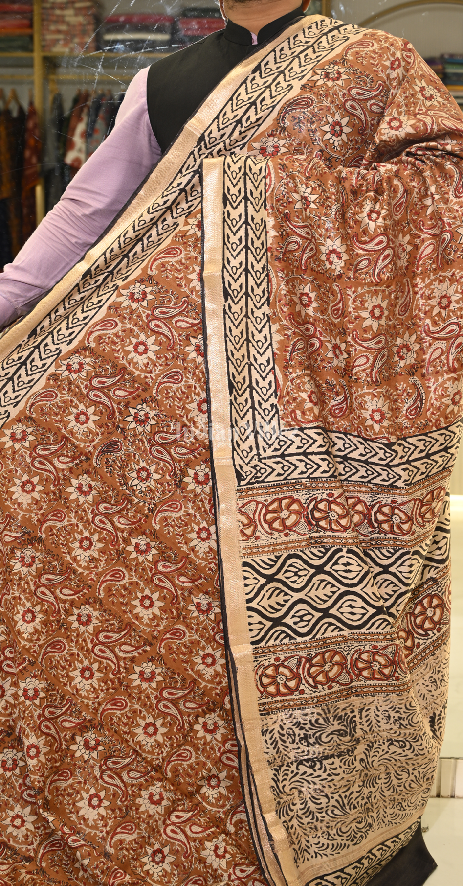 Maroon Block Printed Bagru Cotton Saree 