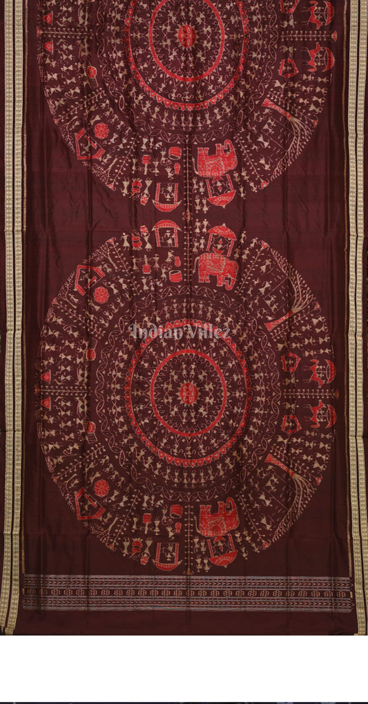 Exclusive Coffee Tribal Theme Designer Odisha Ikat Sambalpuri Silk Saree