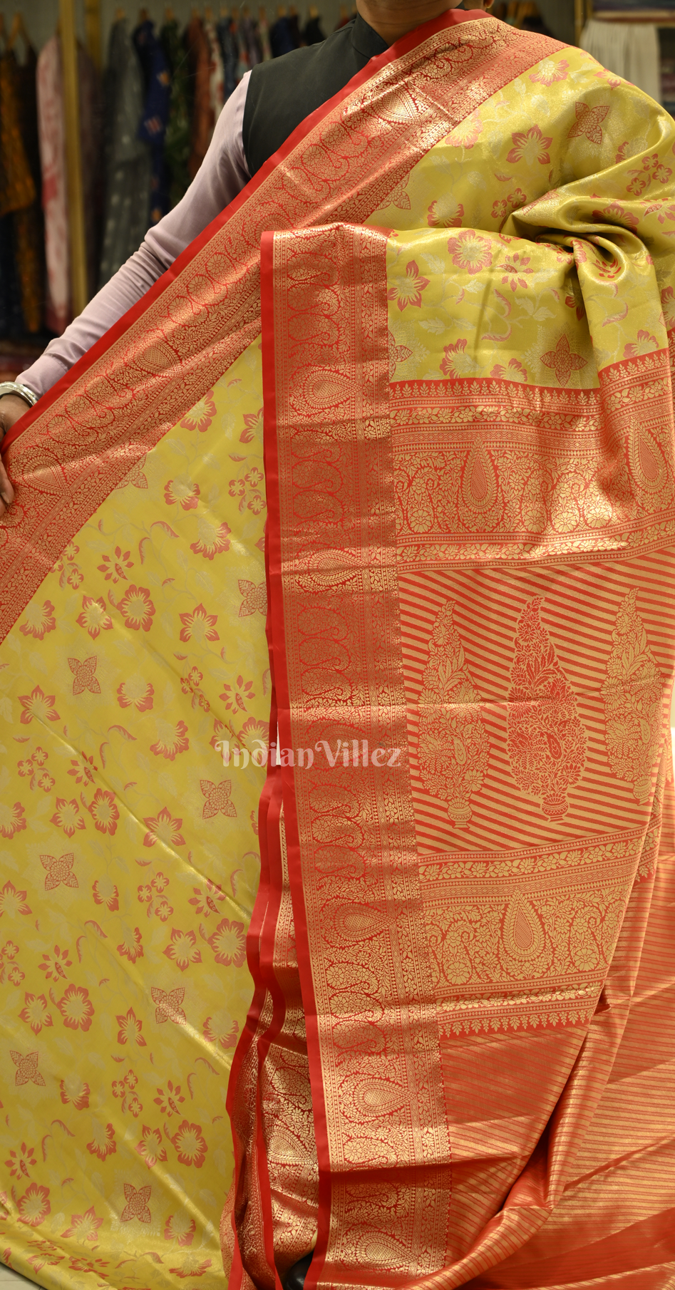 Mustard Yellow Red Floral Pure Kanjivaram Tissue Silk Saree