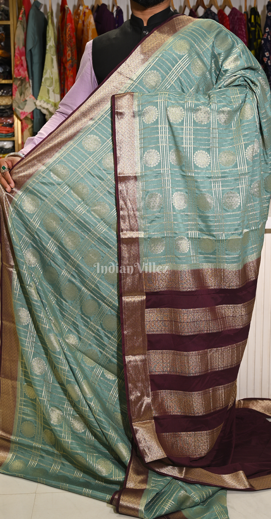 Sage Green Coffee Checks Pure Crepe Kanjivaram Silk Saree