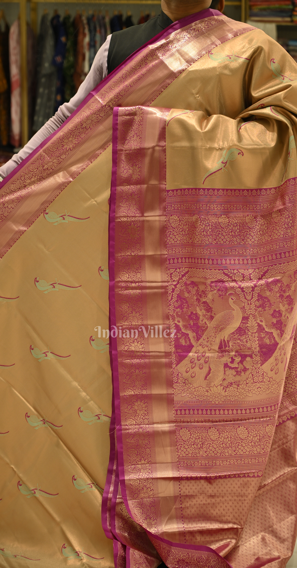Light Golden Rani Pink Parrot Motif Pure Kanjivaram Tissue Silk Saree