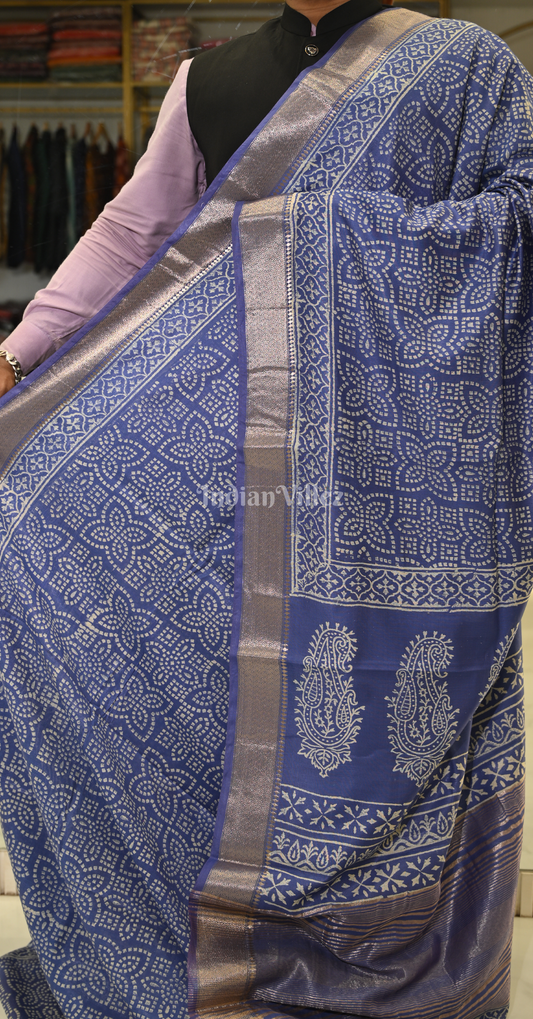 Royal Blue Block Printed Cotton Saree 