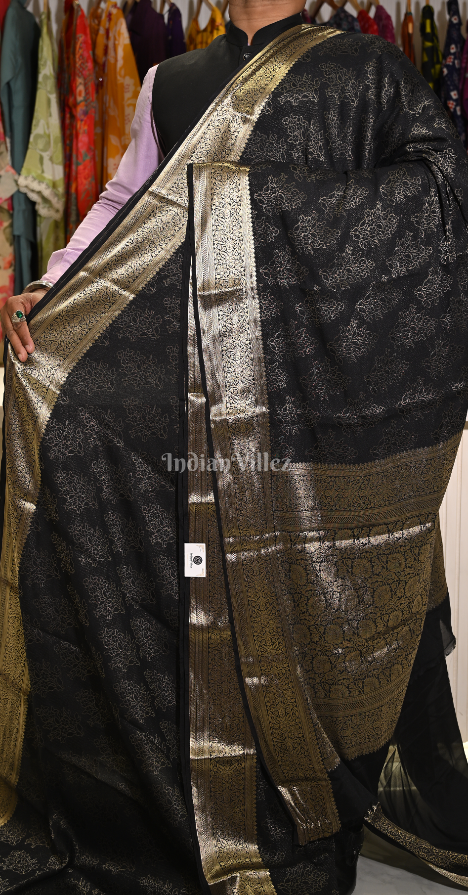 Black Golden Floral Motif Georgette Kanjivaram  Saree
