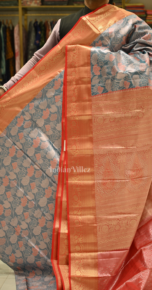 Powder Blue Red Pure Kanjivaram Tissue Silk Saree 