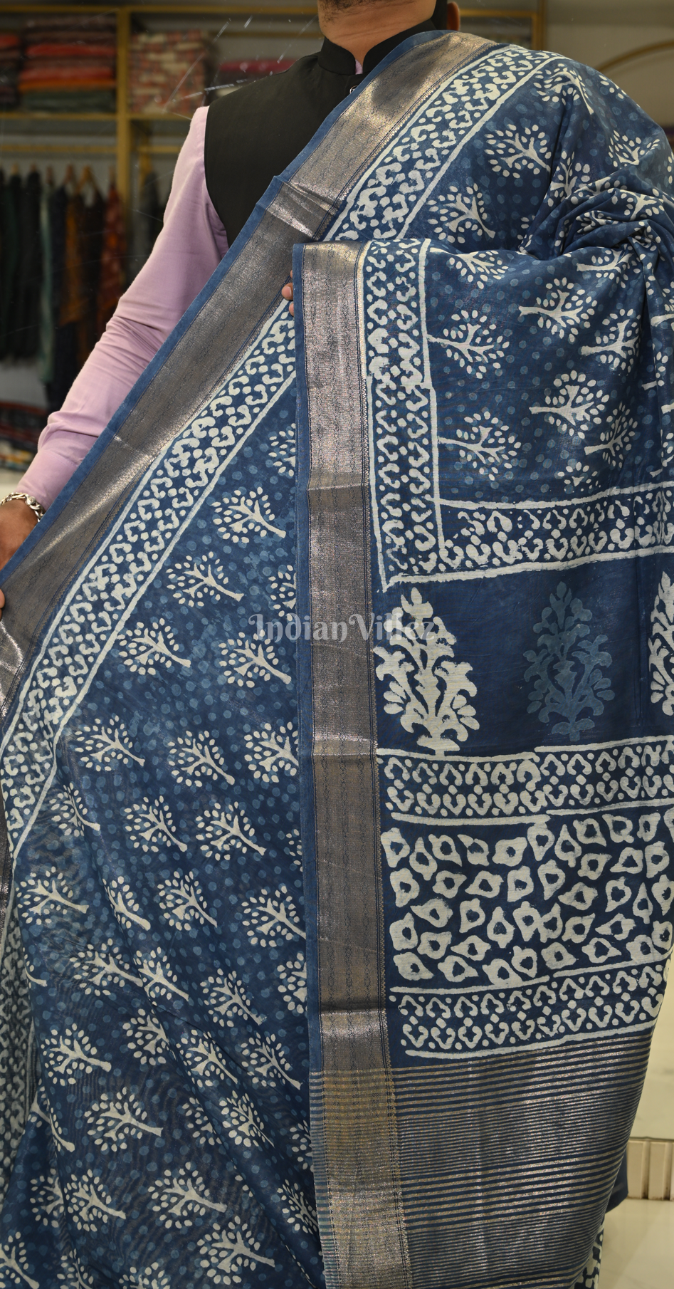 Indigo Blue Block Printed Dabu Cotton Saree