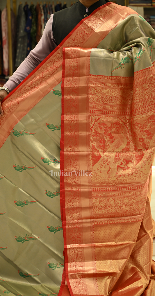 Light Parrot Green Red Pure Kanjivaram Tissue Silk Saree