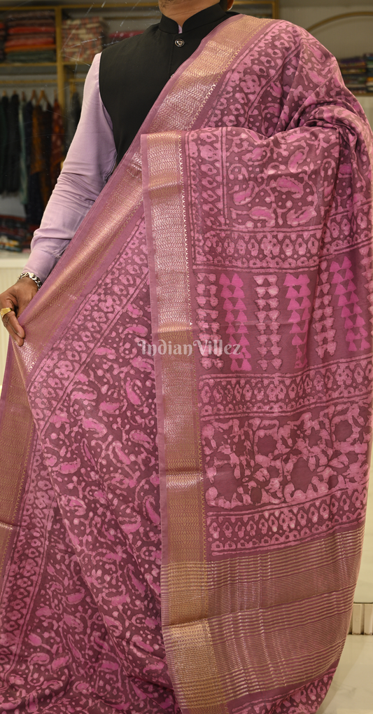 Pink Block Printed Dabu Cotton Saree