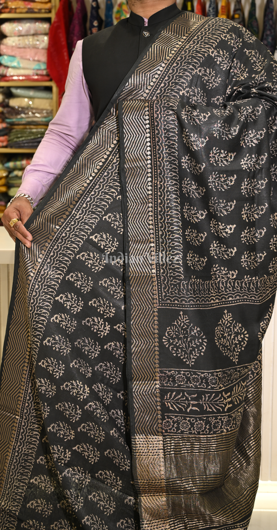 Black Block Printed Cotton Saree 