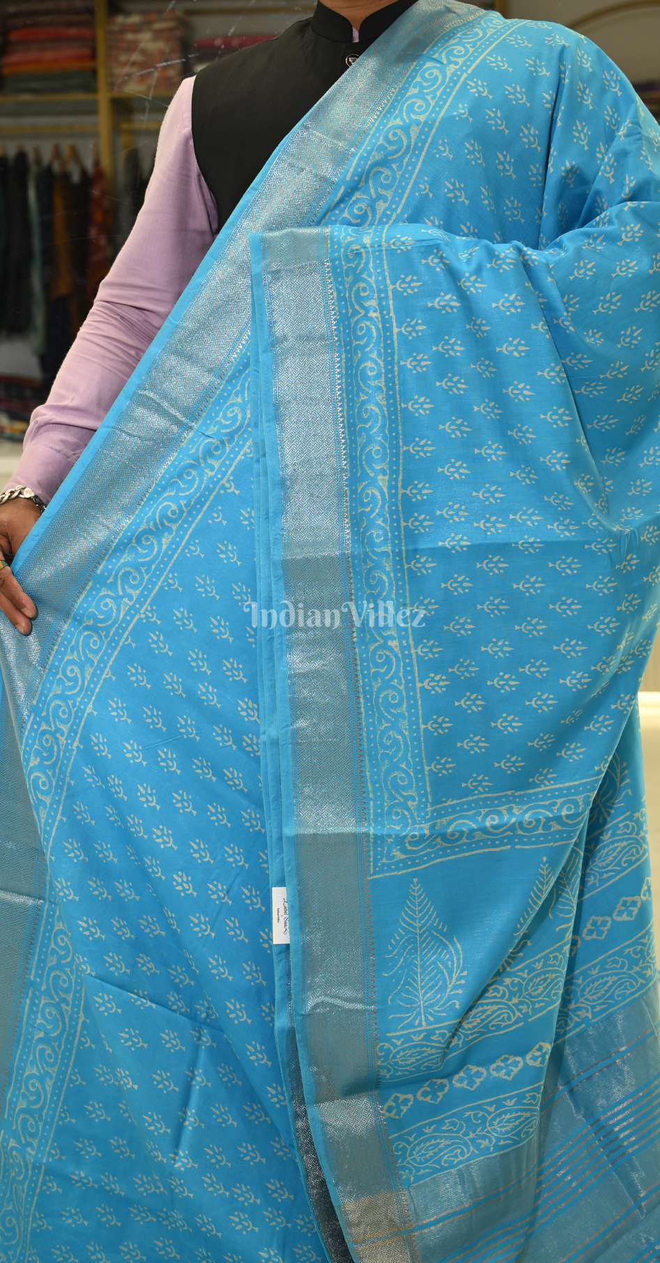 Surf Blue Block Printed Cotton Saree 