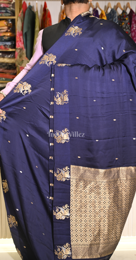 Navy Blue Pure Satin Crepe Silk Banarasi Saree