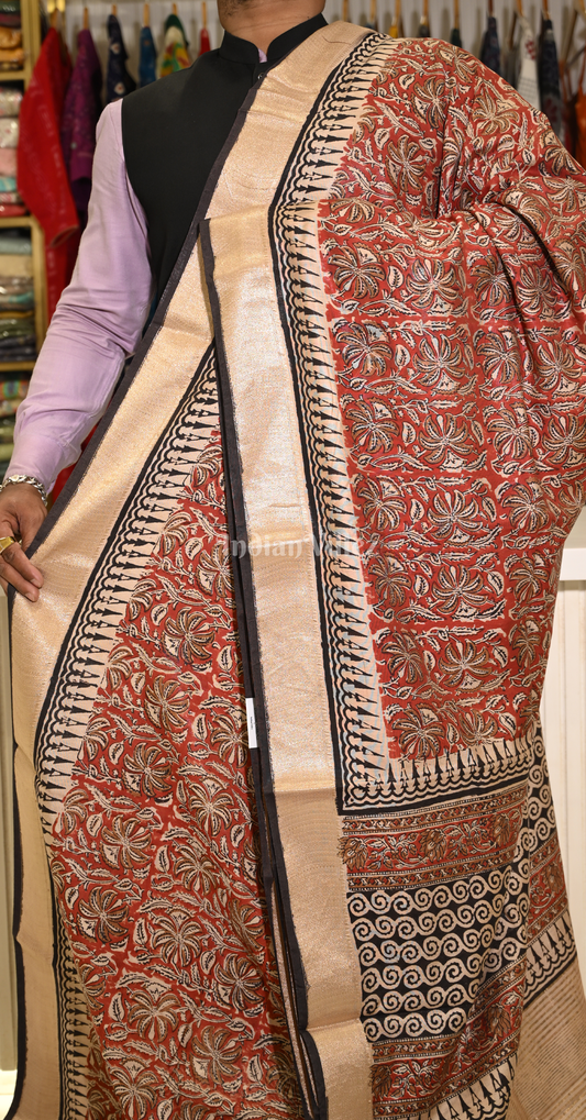 Maroon Black Block Printed Bagru Cotton Saree 