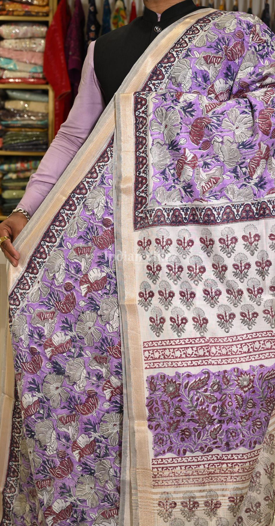Light Purple Block Printed Sanganeri Cotton Saree 