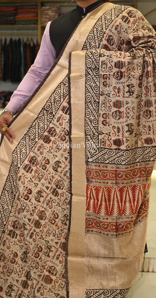Beige with Multicolour Block Printed Bagru Cotton Saree 