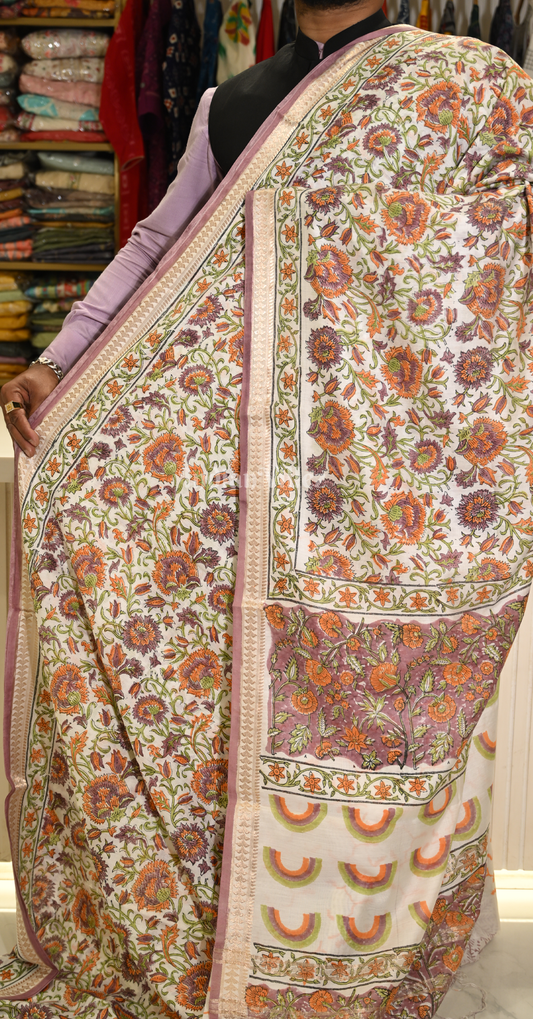 Cream with MultiColour Block Printed Sanganeri Cotton Saree 