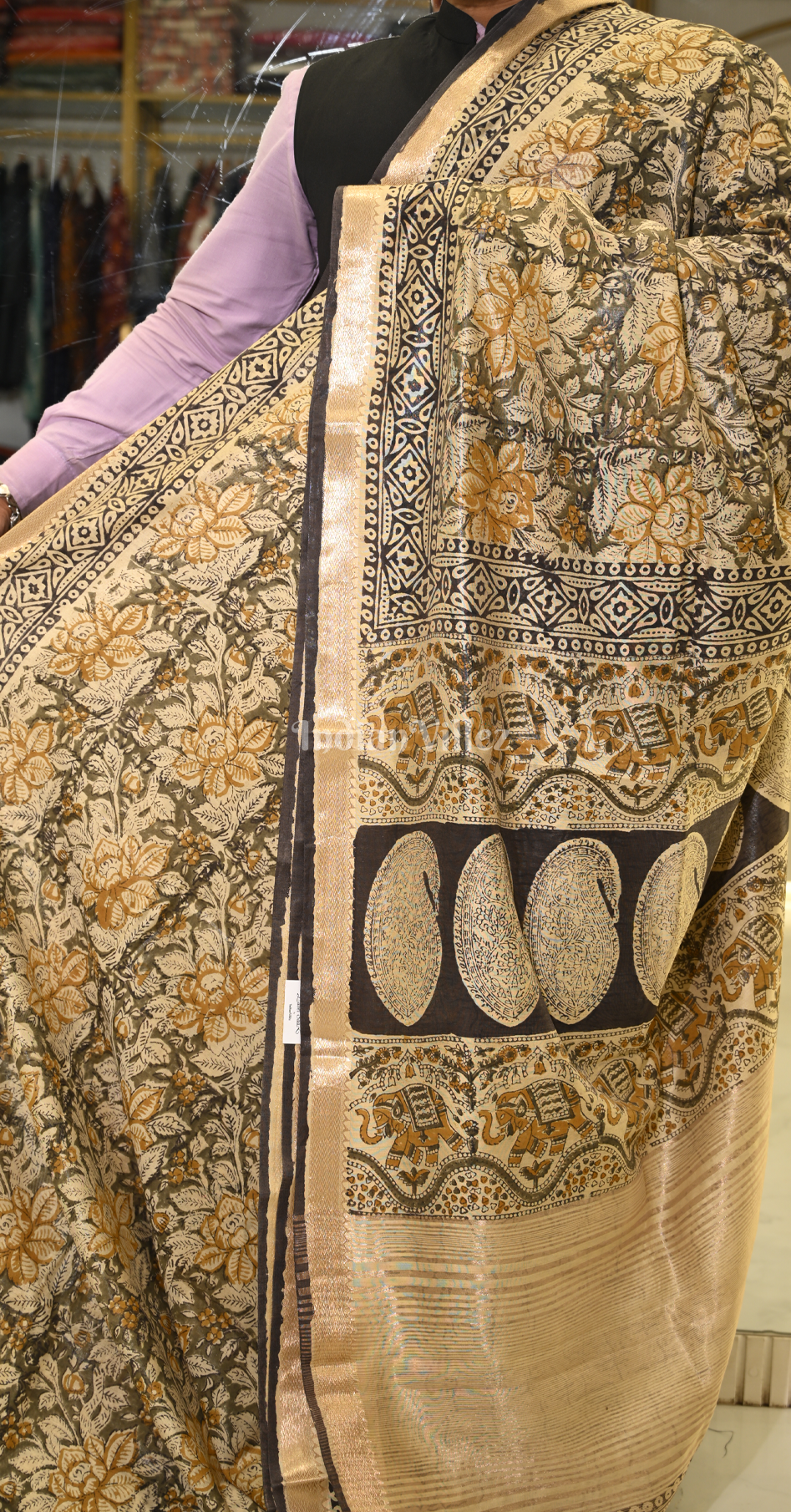 Cream with Multicolour Block Printed Bagru Cotton Saree 