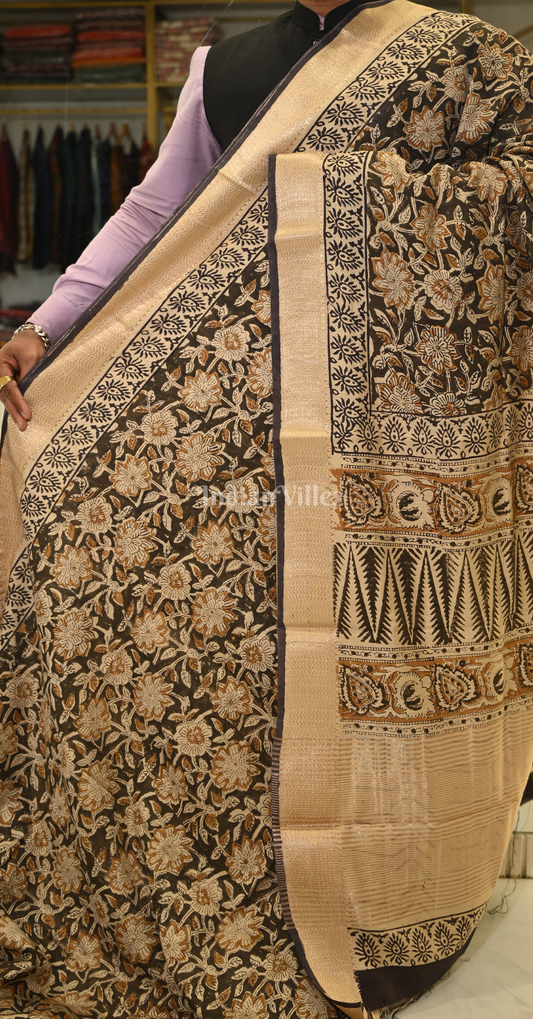 Cream Black Block Printed Bagru Cotton Saree