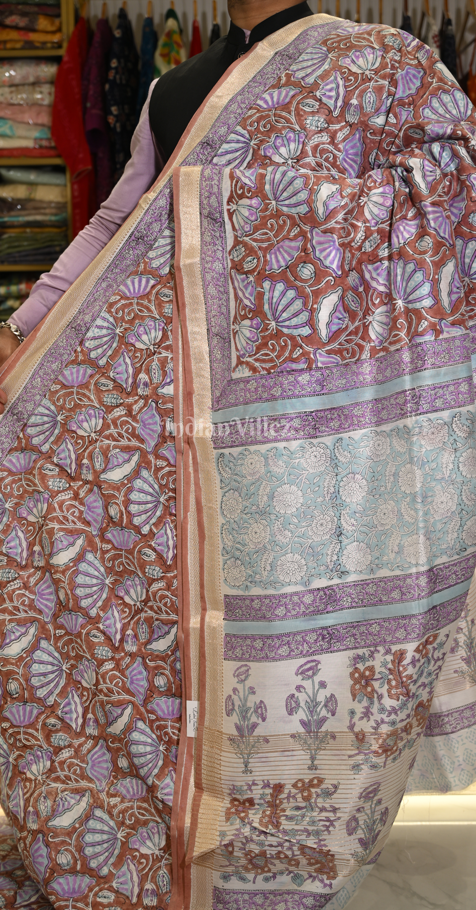Light Maroon Block Printed Sanganeri Cotton Saree 
