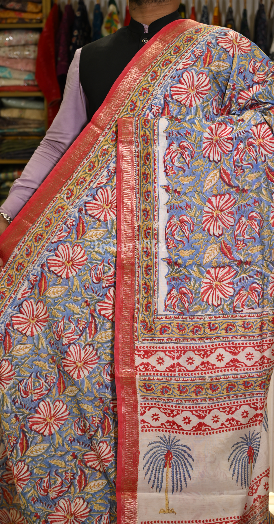  Blue with Multicolour Block Printed Sanganeri Cotton Saree