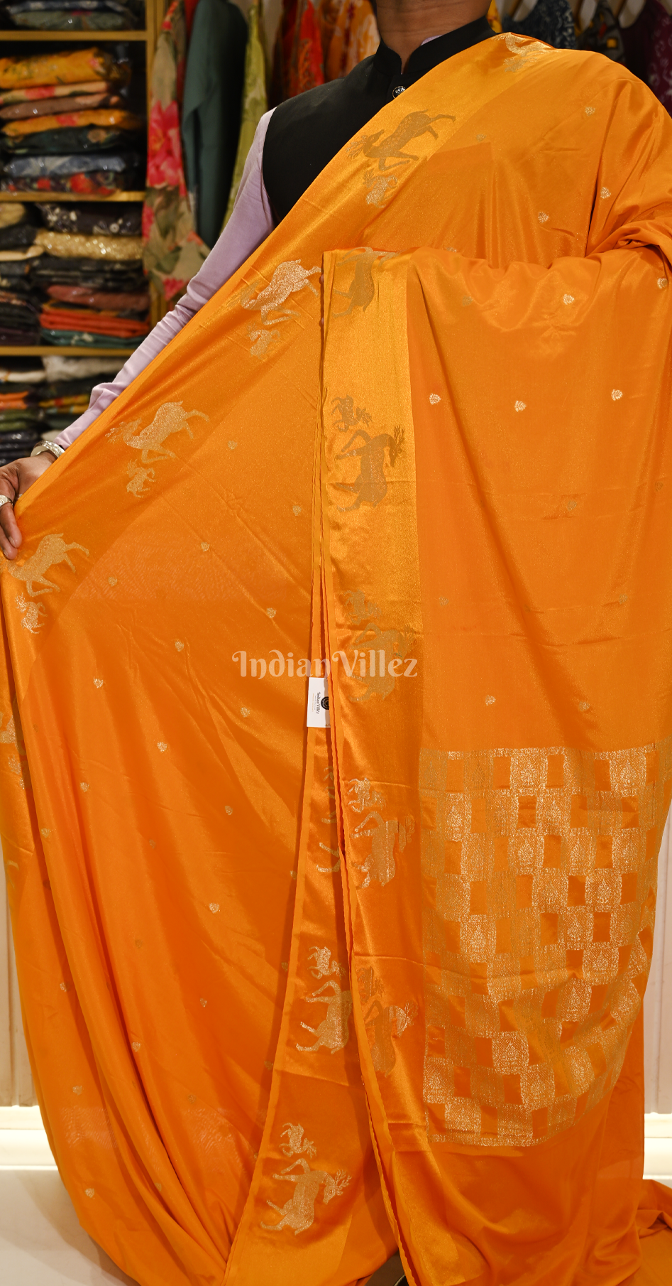 Orange Golden Pure Satin Crepe Silk Banarasi Saree