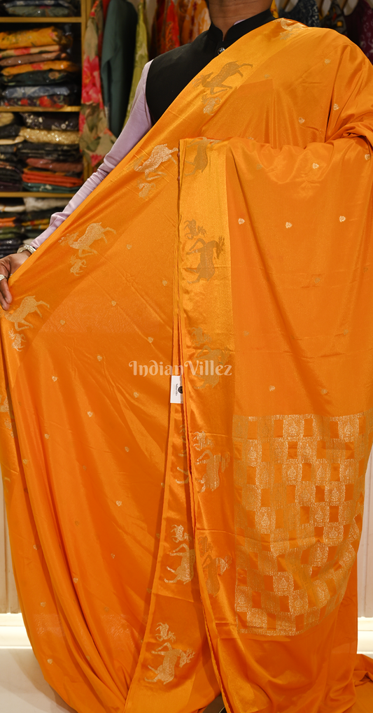 Orange Golden Pure Satin Crepe Silk Banarasi Saree
