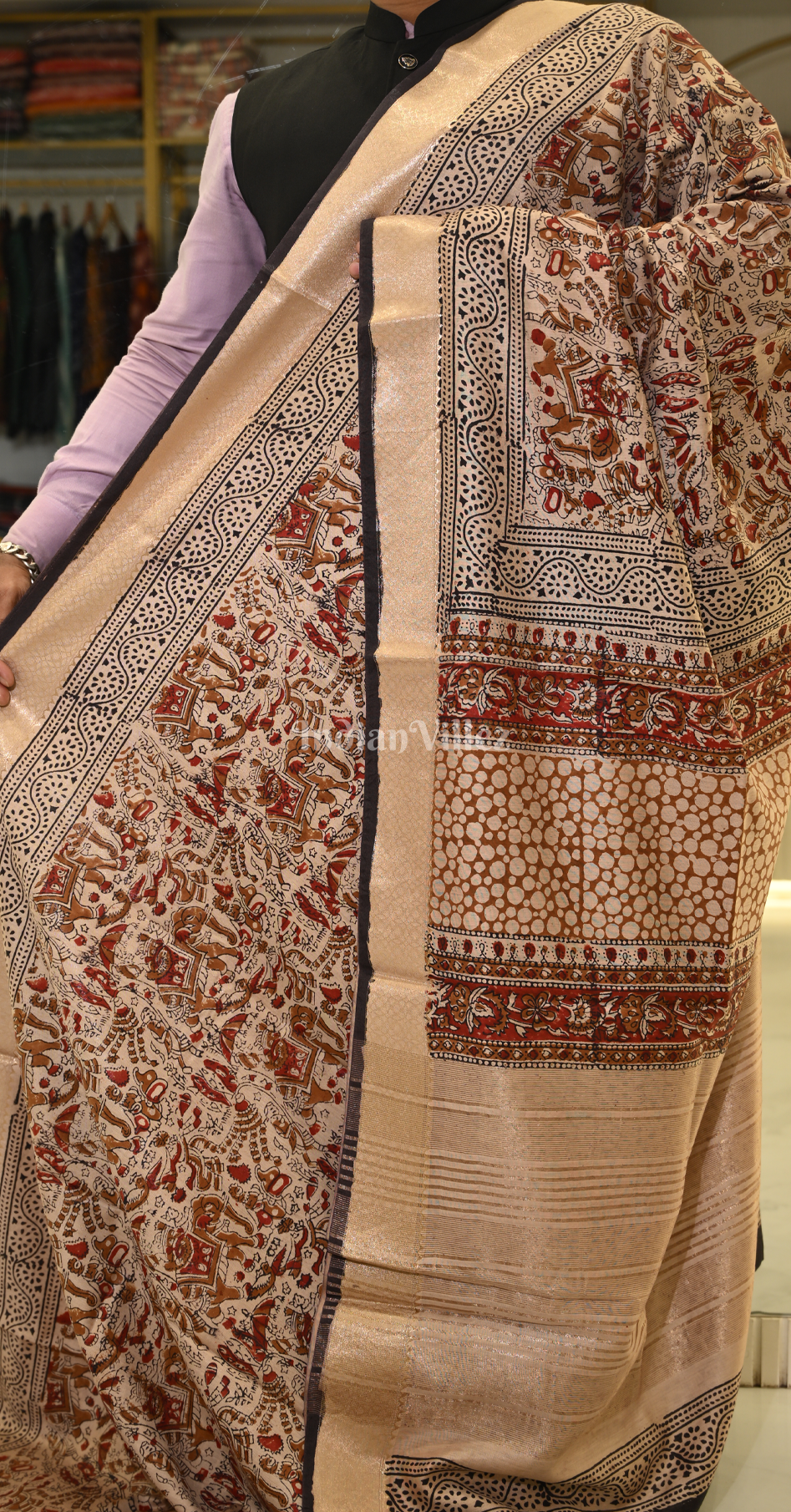 Dark Beige with Maroon Block Printed Bagru Cotton Saree 
