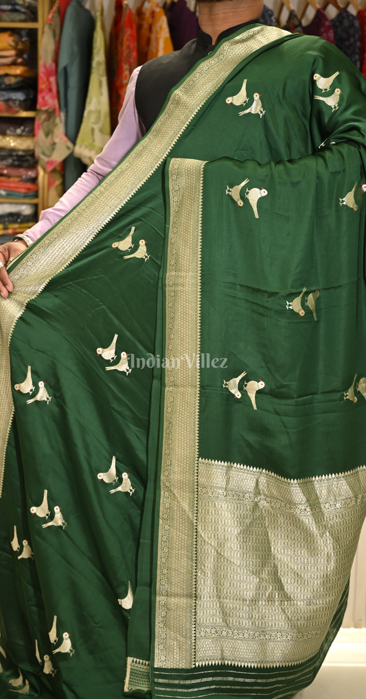 Bottle Green Bird Motif Pure Satin Crepe Silk Banarasi Saree