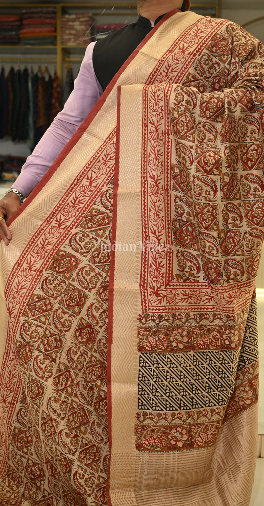  Maroon with Beige Block Printed Bagru Cotton Saree