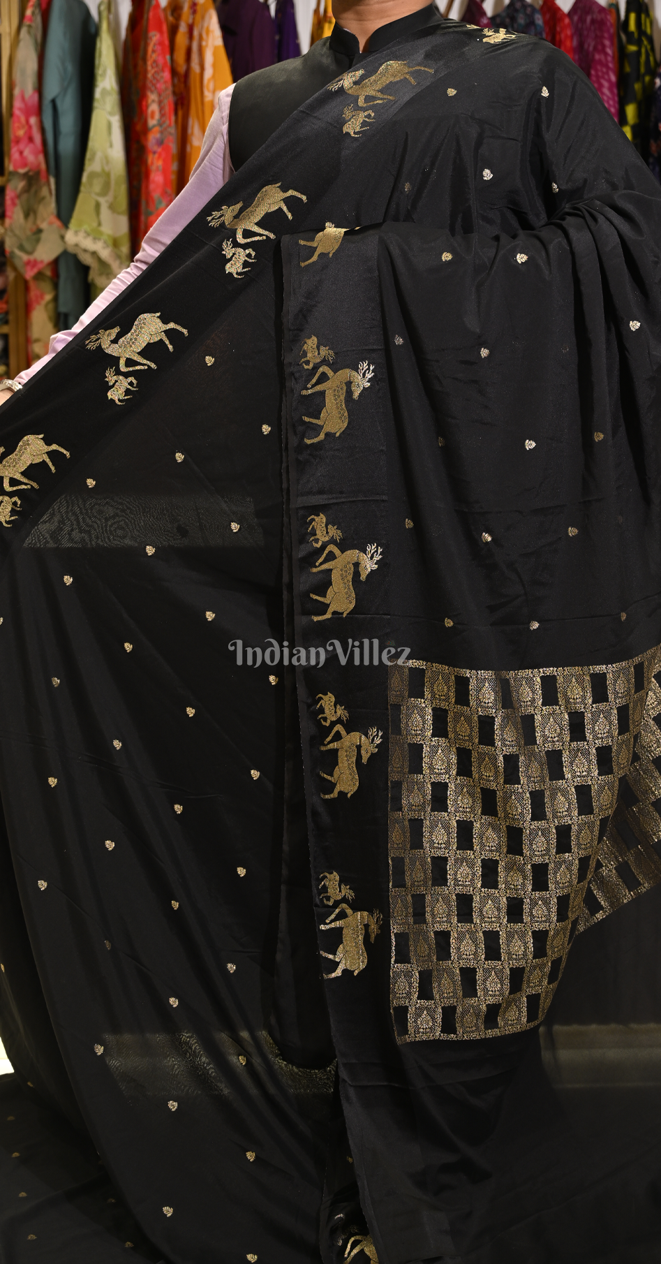 Black Deer Border Pure Satin Crepe Silk Banarasi Saree