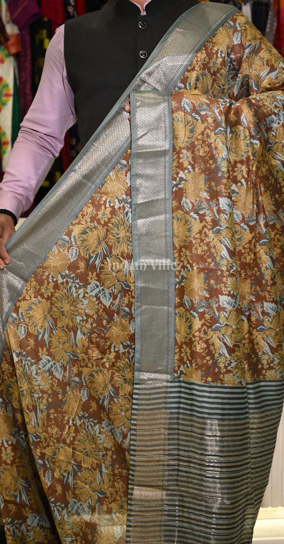 Light Yellow Grey Screen Printed Cotton Saree 
