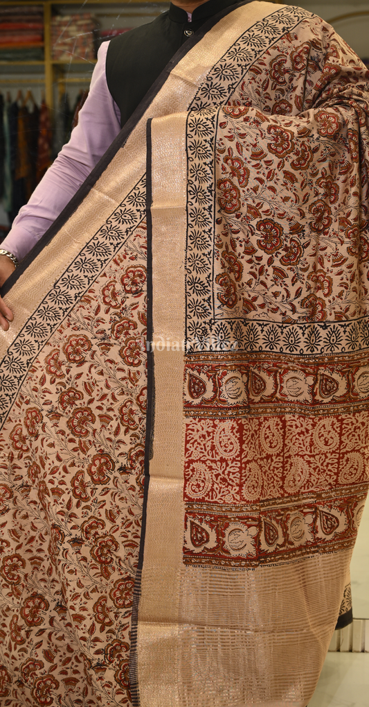 Beige with Maroon Block Printed Bagru Cotton Saree 