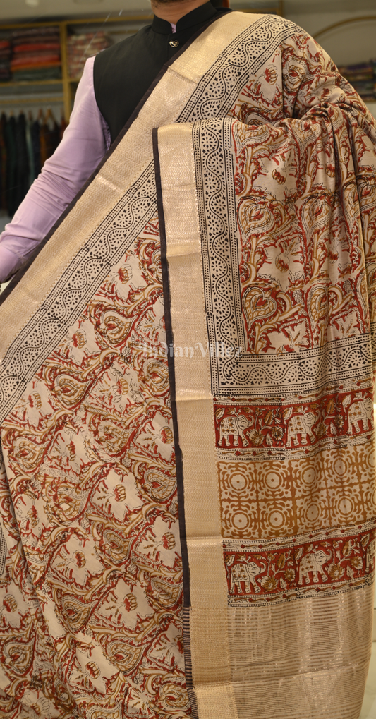 Cream Block Printed Bagru Cotton Saree 