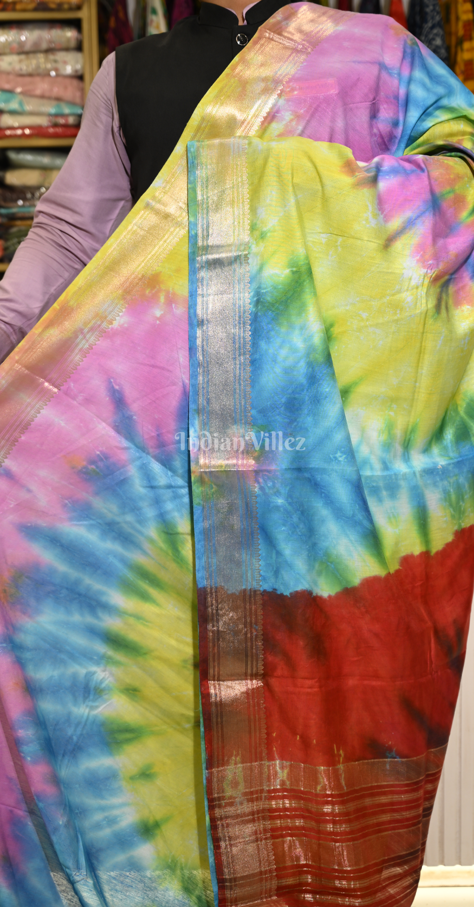 Yellow with Multicolour Block Printed Shibori Cotton Saree