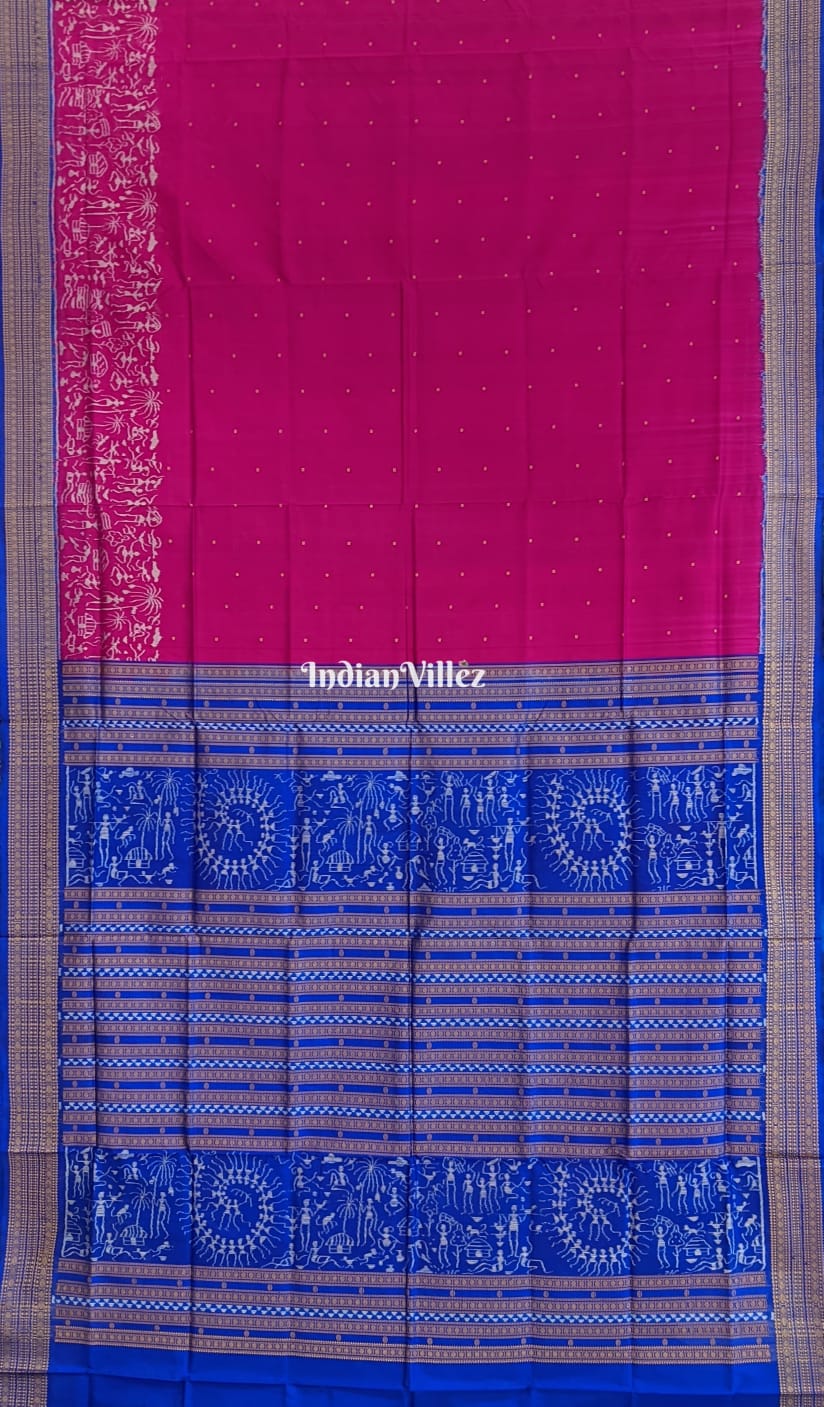 Pink Bandha Tribal Theme Bomkai Sambalpuri Ikat Silk Saree (With Patli Design)