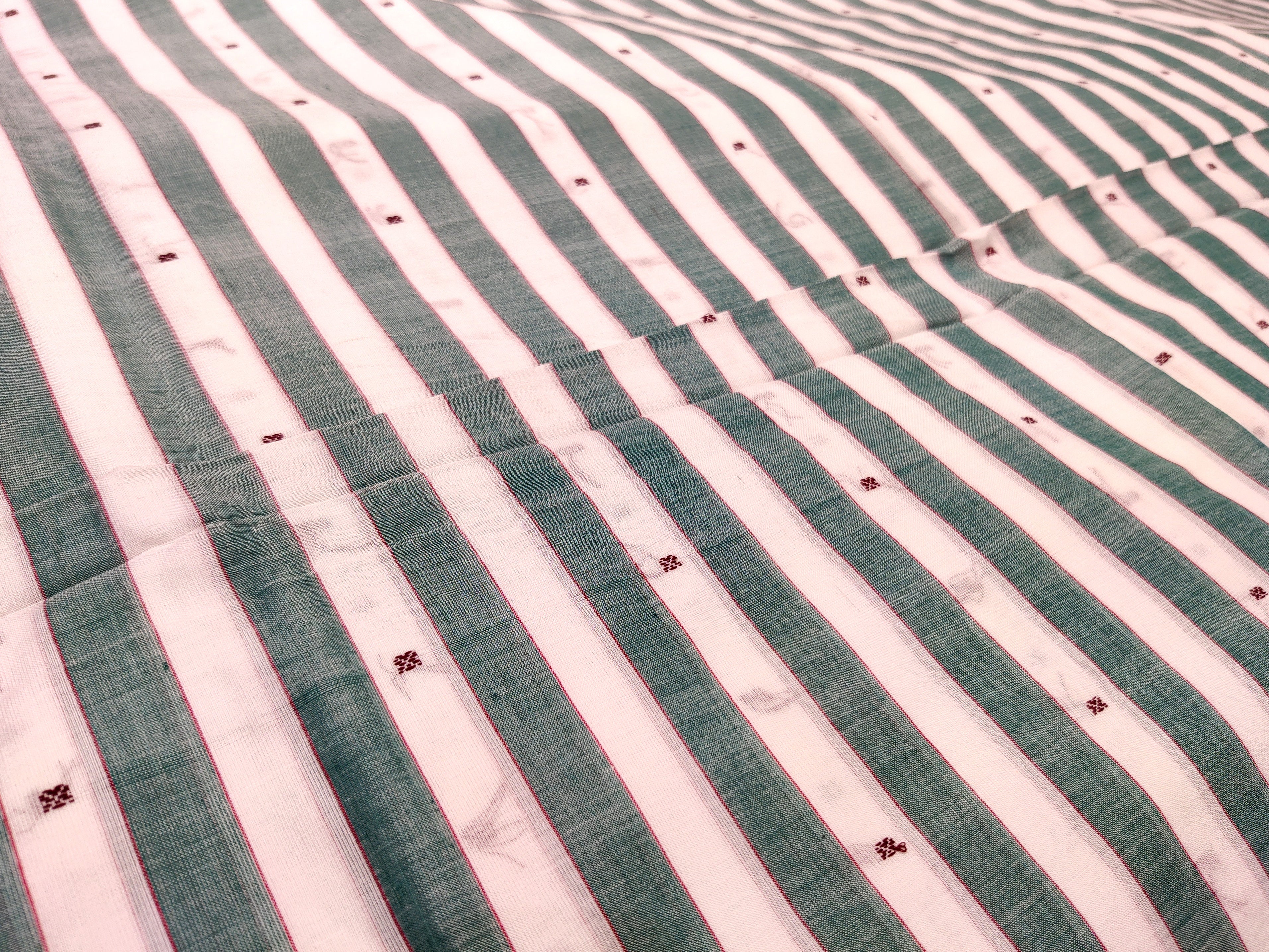 White with Green Stripes Bomkai Cotton Handloom Fabric - IndianVillèz