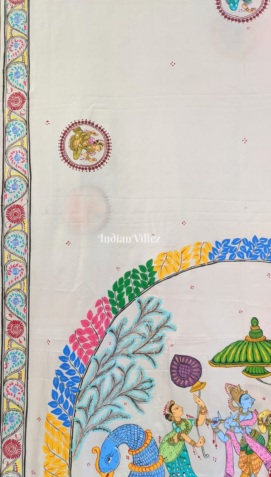 White Radha Krishna Pattachitra Art Pure Silk Saree