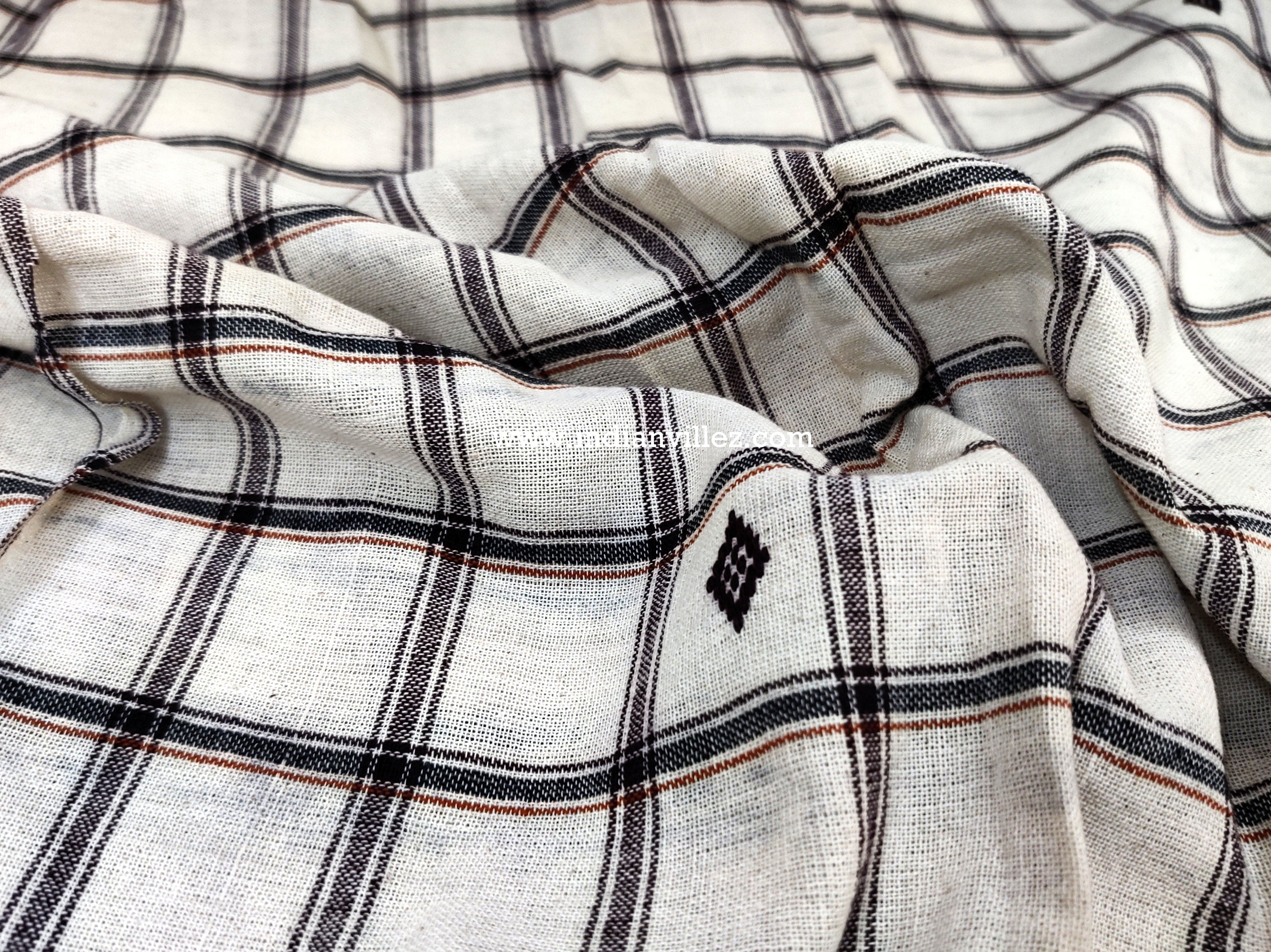 Off White with Black & Maroon Plaid Kotpad Handloom Fabric - IndianVillèz