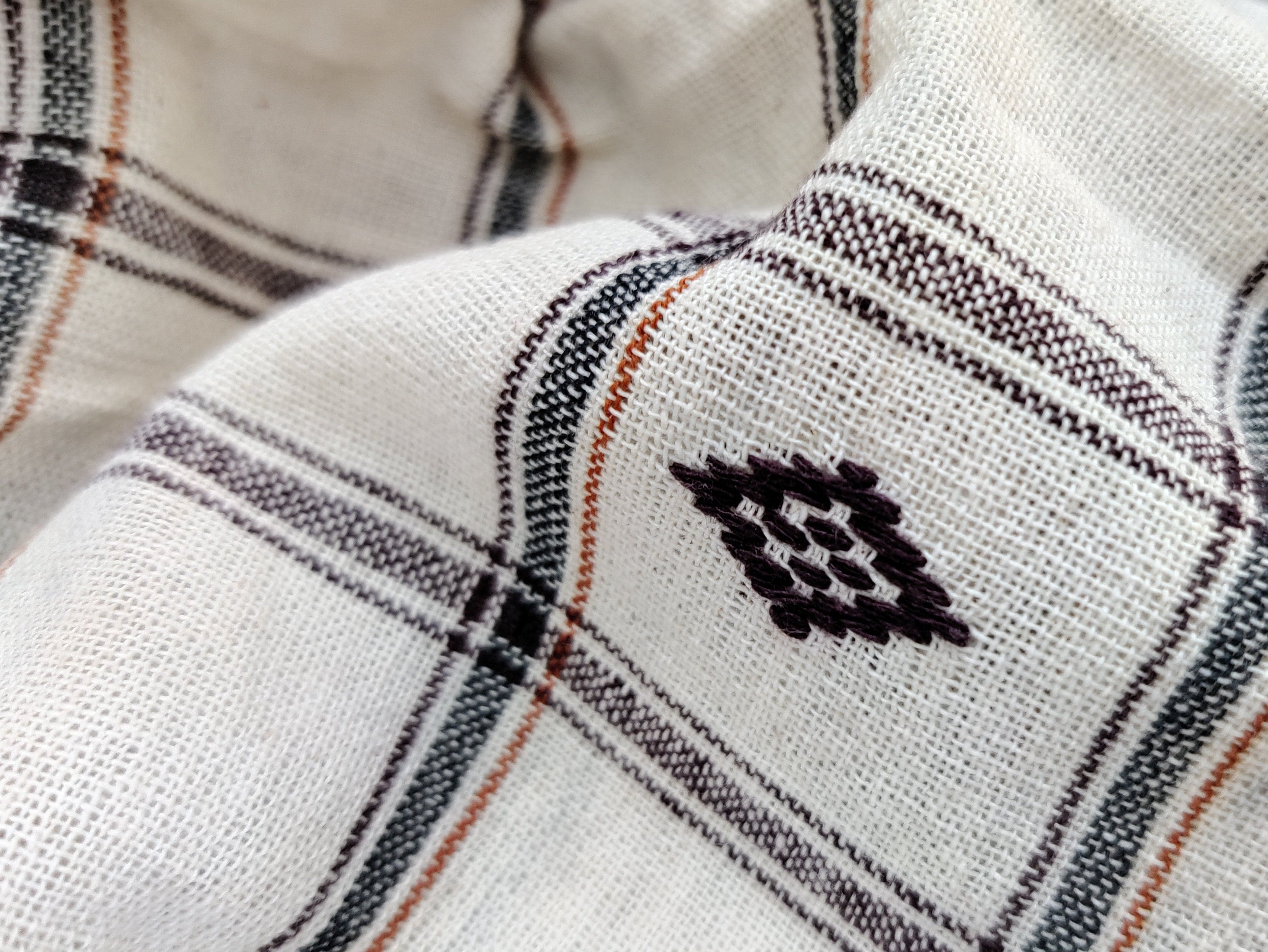 Off White with Black & Maroon Plaid Kotpad Handloom Fabric - IndianVillèz