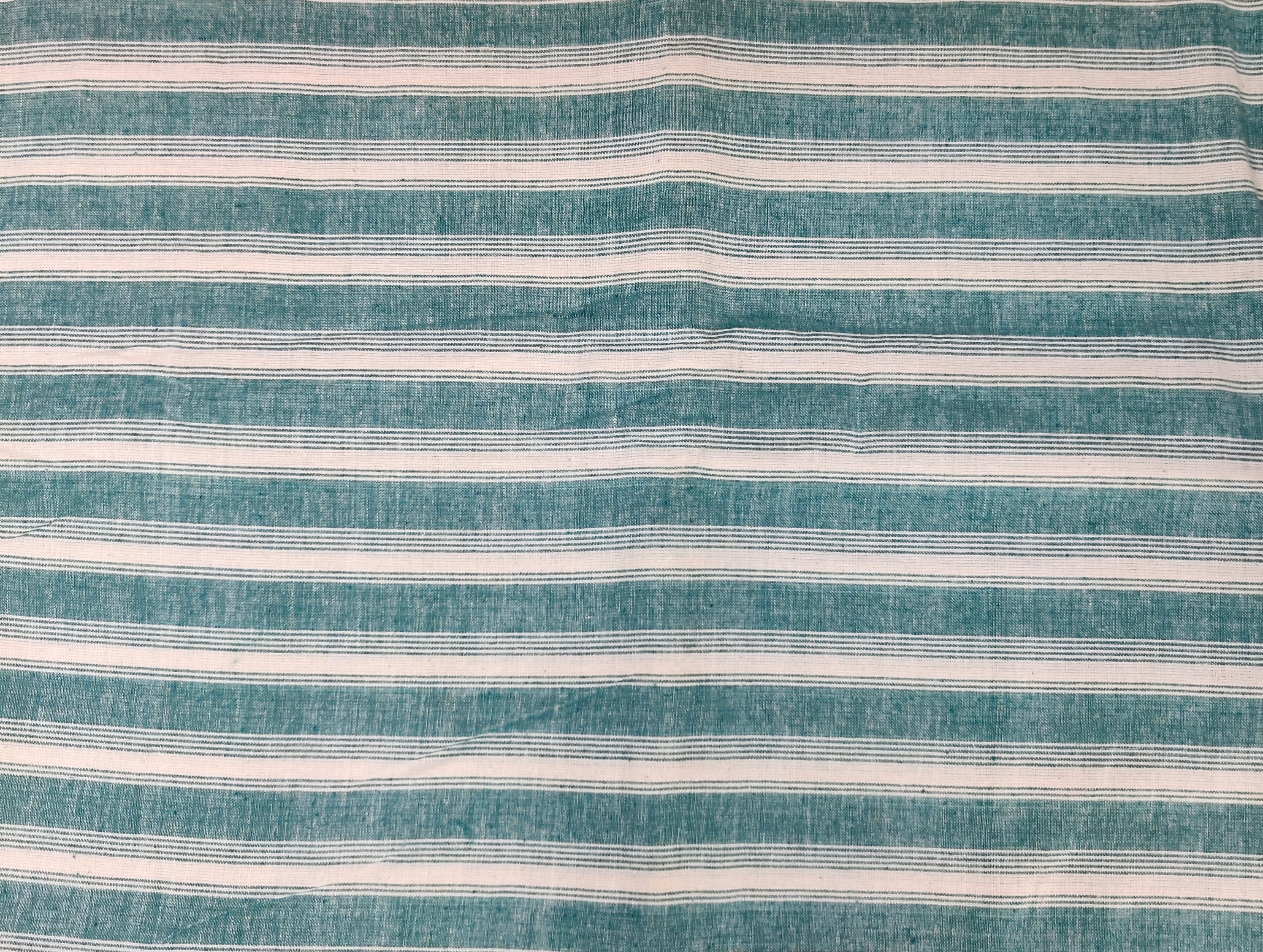 Off White with Turquoise Stripes Kotpad Handloom Fabric - IndianVillèz