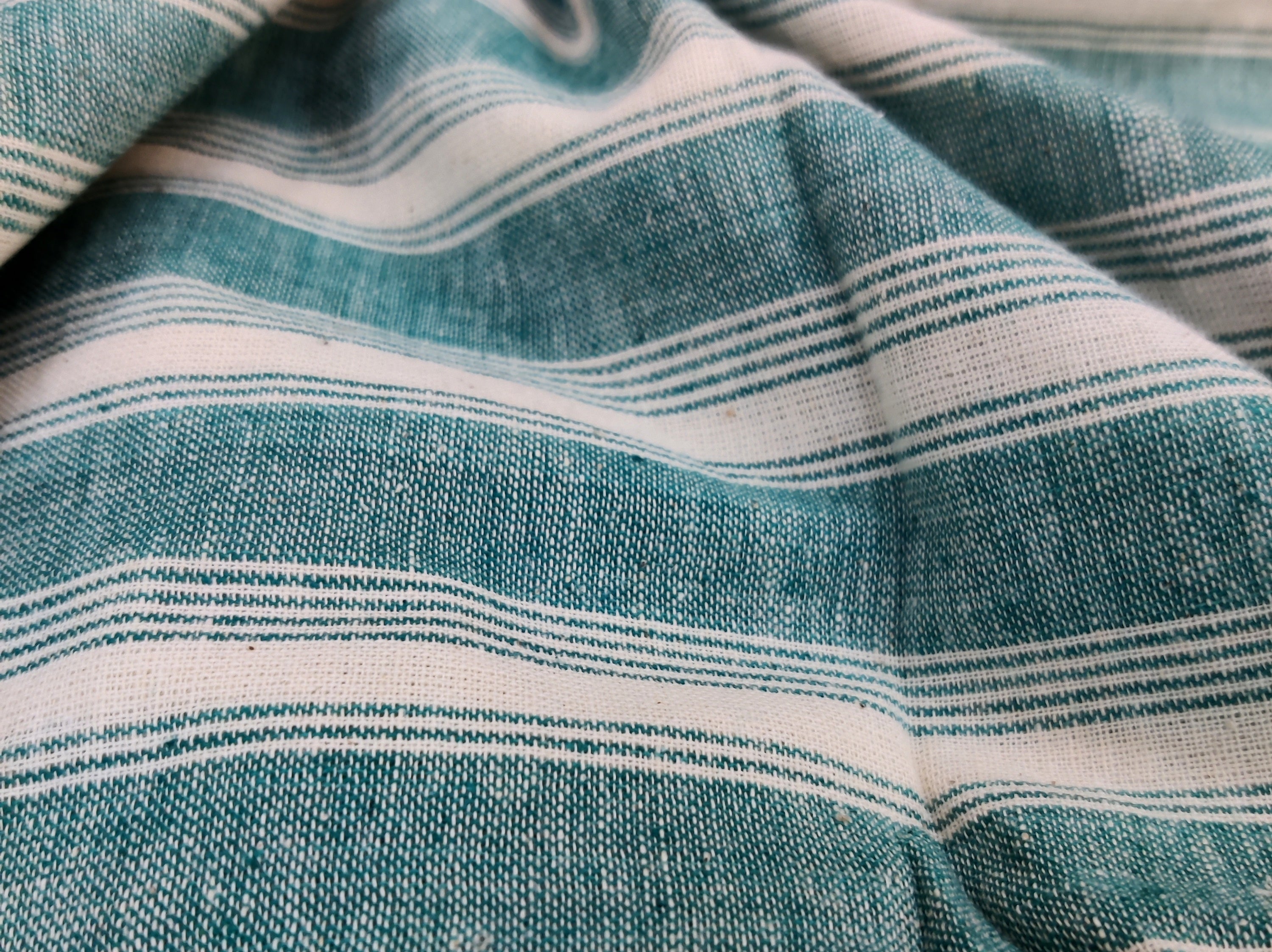 Off White with Turquoise Stripes Kotpad Handloom Fabric - IndianVillèz