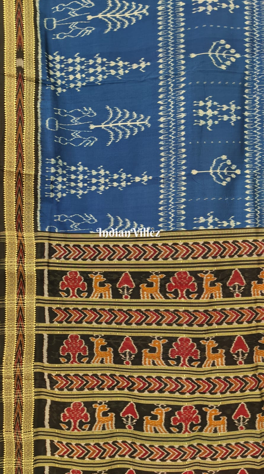Indigo Blue Tribal Themed Khandua Silk Saree with Small Animal Pallu