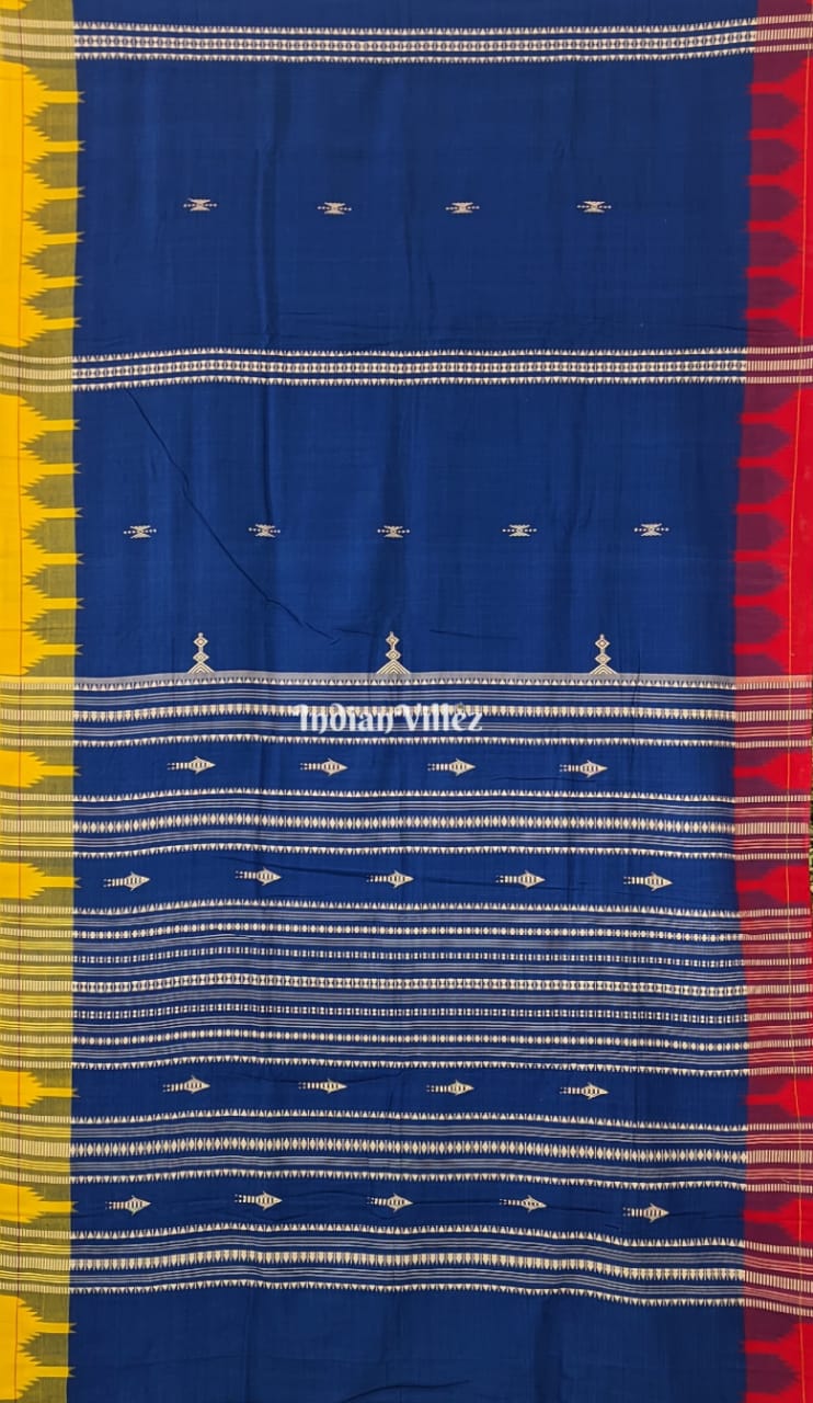 Blue with Yellow Red Borders Kotpad Natural Dye Odisha Handloom Saree